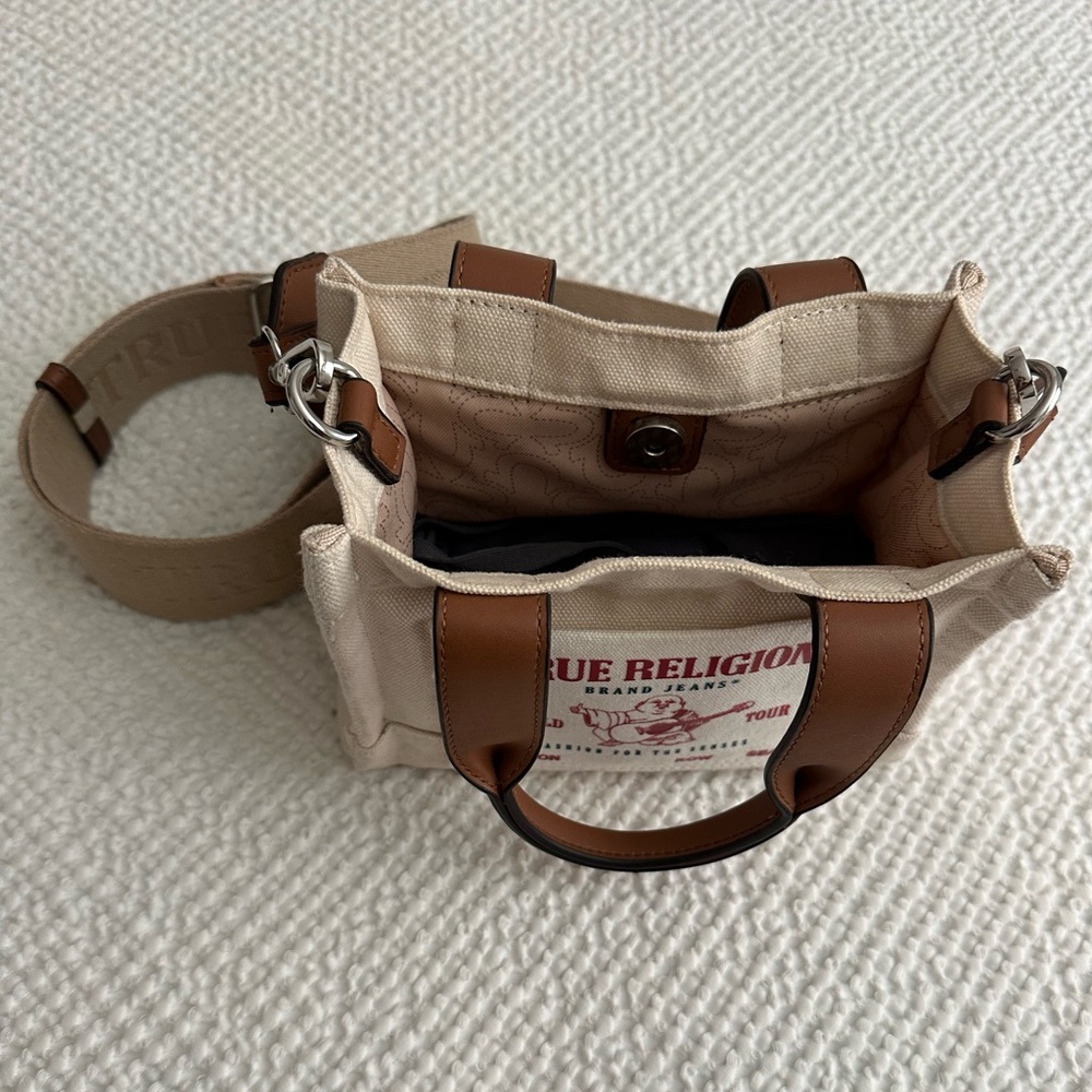 True Religion Mini Canvas Tote with Brown + Red Accents